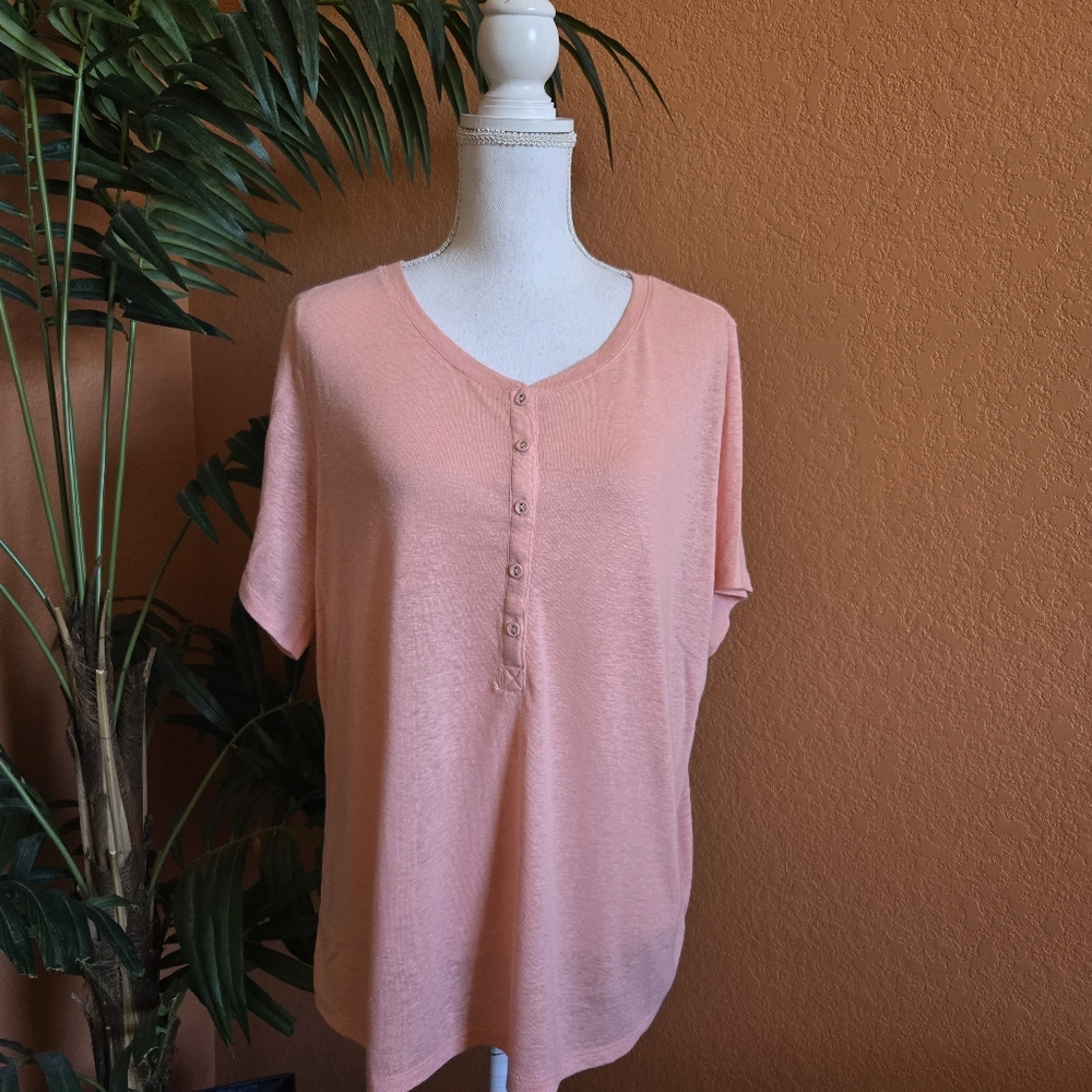 Candace Cameron Bure CCB Henley Short Sleeve Linen Blend Top Salmon L Buttons
